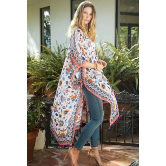 SOLD OUT Persian Vase Floral Print Boho Tassel Kimono Wrap - Picture 3 of 6